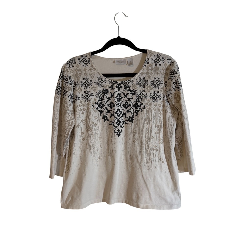 Weekends by Chico's Top White LARGE Womens 2  Medallion Print 3/4 Sleeve Casual